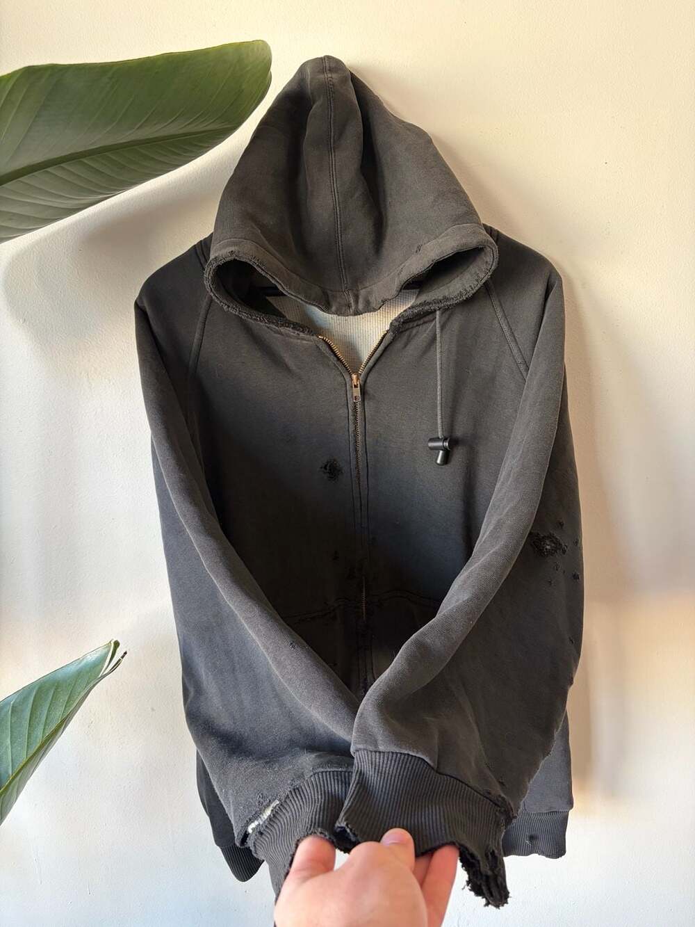Vintage 80s 90s thrashed and Faded Distressed Thermal Lined Zip Up Hoodie XL